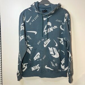 Nike Men’s Pullover Hoodie Medium Allover Logo Print Blue Just Do It